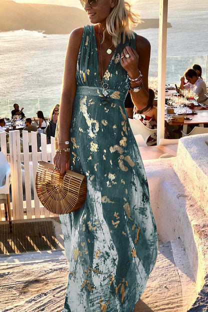 Solène | Robe longue à col en V avec paillettes dorées