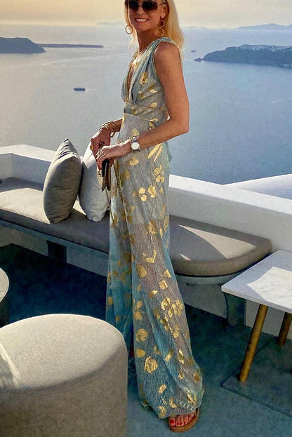 Solène | Robe longue à col en V avec paillettes dorées